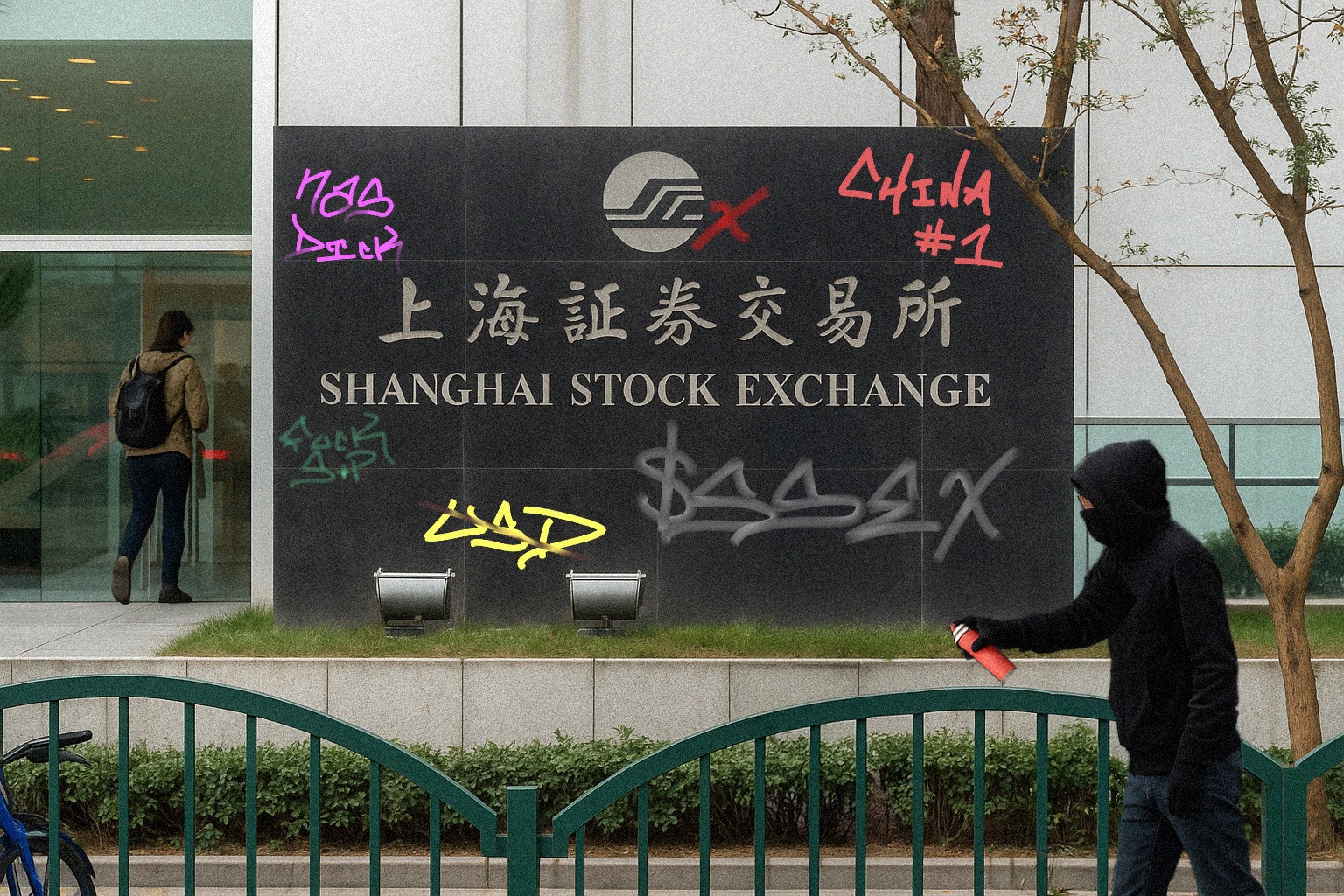 Vandalized Shanghai Stock Exchange sign with graffiti